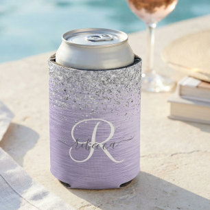 Purple Brushed Metal Silver Glitter Monogram Name Can Cooler