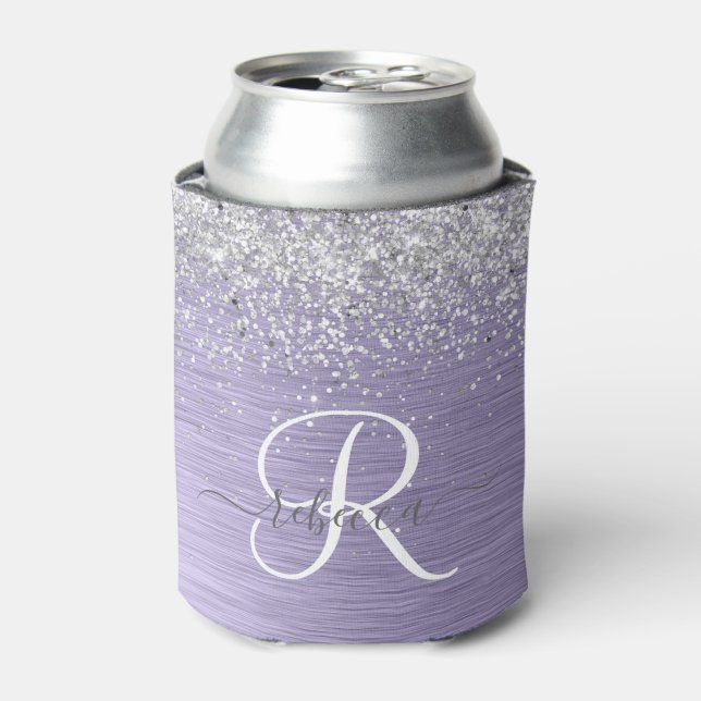 Purple Brushed Metal Silver Glitter Monogram Name Can Cooler (Can Front)