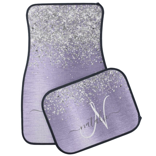 Purple Brushed Metal Silver Glitter Monogram Name Car Floor Mat (Set)