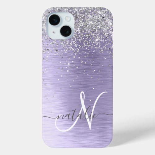 Purple Brushed Metal Silver Glitter Monogram Name iPhone 15 Plus Case