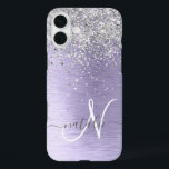 Purple Brushed Metal Silver Glitter Monogram Name iPhone 16 Plus Case<br><div class="desc">Easily personalize this trendy chic phone case design featuring pretty silver sparkling glitter on a purple brushed metallic background.</div>