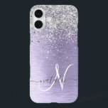 Purple Brushed Metal Silver Glitter Monogram Name iPhone 16 Plus Case<br><div class="desc">Easily personalize this trendy chic phone case design featuring pretty silver sparkling glitter on a purple brushed metallic background.</div>