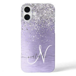 Purple Brushed Metal Silver Glitter Monogram Name iPhone 16 Plus Case