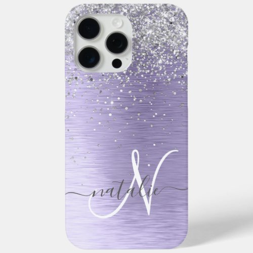Purple Brushed Metal Silver Glitter Monogram Name iPhone 15 Pro Max Case