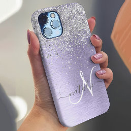 Purple Brushed Metal Silver Glitter Monogram Name Case-Mate iPhone 14 Plus Case