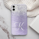 Purple Brushed Metal Silver Glitter Monogram Name iPhone 13 Pro Max Case<br><div class="desc">Easily personalize this trendy chic phone case design featuring pretty silver sparkling glitter on a purple brushed metallic background.</div>