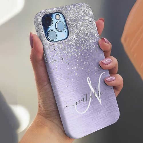 Purple Brushed Metal Silver Glitter Monogram Name Case_Mate iPhone 14 Plus Case