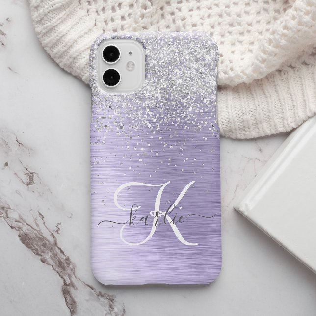 Purple Brushed Metal Silver Glitter Monogram Name Case-Mate iPhone Case (Creator Uploaded)
