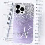 Purple Brushed Metal Silver Glitter Monogram Name Case-Mate iPhone 14 Pro Max Case<br><div class="desc">Easily personalize this trendy chic phone case design featuring pretty silver sparkling glitter on a purple brushed metallic background.</div>