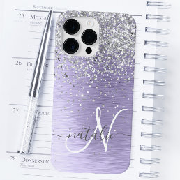 Purple Brushed Metal Silver Glitter Monogram Name Case-Mate iPhone 14 Pro Max Case