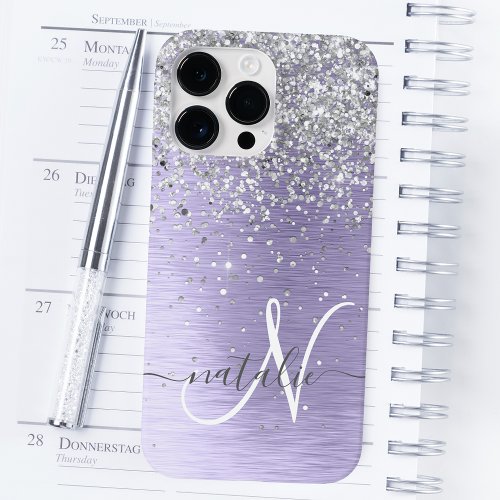 Purple Brushed Metal Silver Glitter Monogram Name Case_Mate iPhone 14 Pro Max Case