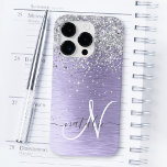 Purple Brushed Metal Silver Glitter Monogram Name Case-Mate iPhone 14 Pro Case<br><div class="desc">Easily personalize this trendy chic phone case design featuring pretty silver sparkling glitter on a purple brushed metallic background.</div>