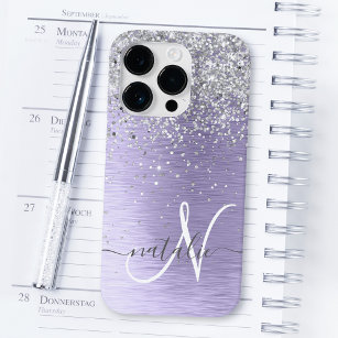 Purple Brushed Metal Silver Glitter Monogram Name iPhone XR Case