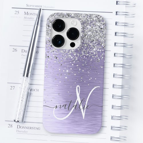 Purple Brushed Metal Silver Glitter Monogram Name Case_Mate iPhone 14 Pro Case