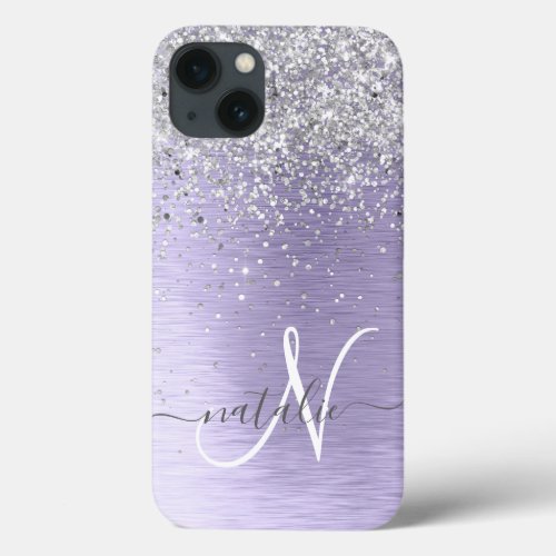 Purple Brushed Metal Silver Glitter Monogram Name iPhone 13 Case