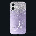 Purple Brushed Metal Silver Glitter Monogram Name iPhone 16 Case<br><div class="desc">Easily personalize this trendy chic phone case design featuring pretty silver sparkling glitter on a purple brushed metallic background.</div>