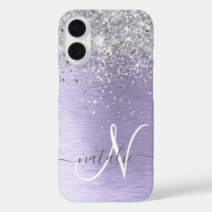 Purple Brushed Metal Silver Glitter Monogram Name iPhone 16 Case