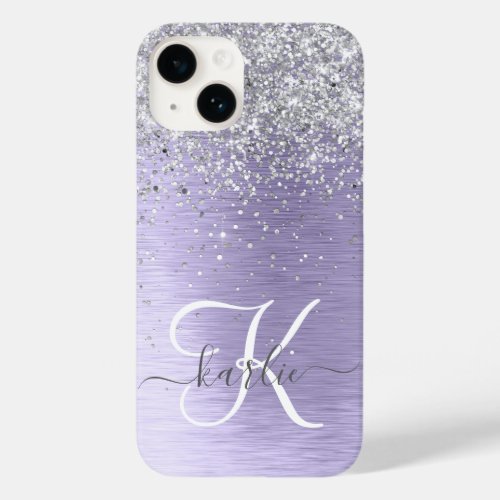 Purple Brushed Metal Silver Glitter Monogram Name Case_Mate iPhone 14 Case