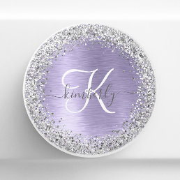 Purple Brushed Metal Silver Glitter Monogram Name Ceramic Knob