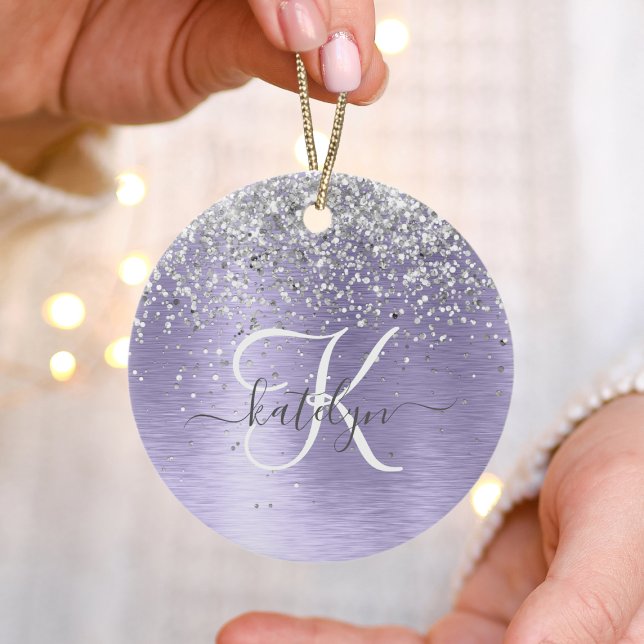 Purple Brushed Metal Silver Glitter Monogram Name Ceramic Ornament (Creator Uploaded)