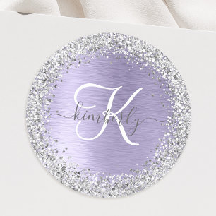 Purple Brushed Metal Silver Glitter Monogram Name Classic Round Sticker