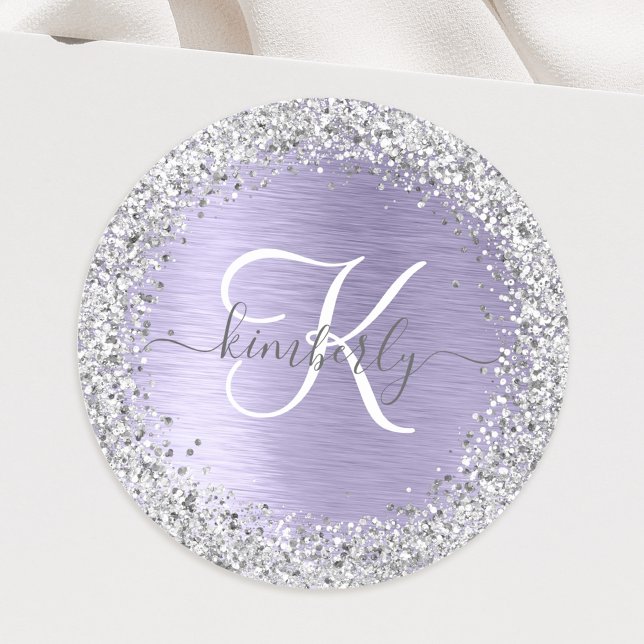 Purple Brushed Metal Silver Glitter Monogram Name Classic Round Sticker (Creator Uploaded)