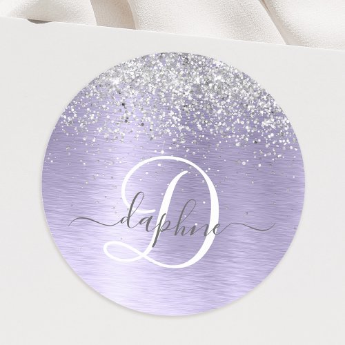 Purple Brushed Metal Silver Glitter Monogram Name Classic Round Sticker