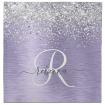 Purple Brushed Metal Silver Glitter Monogram Name Cloth Napkin