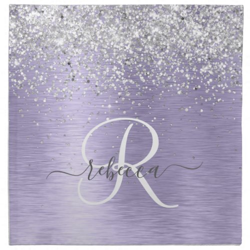 Purple Brushed Metal Silver Glitter Monogram Name Cloth Napkin