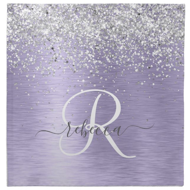 Purple Brushed Metal Silver Glitter Monogram Name Cloth Napkin (Front)