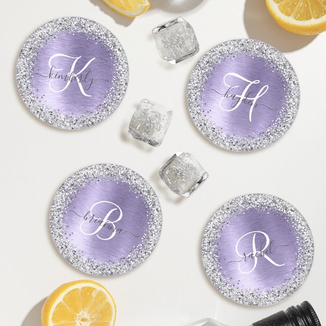 Purple Brushed Metal Silver Glitter Monogram Name Coaster Set (Creator Uploaded)