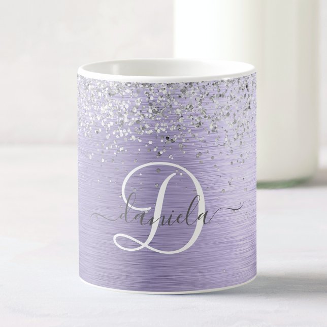 Purple Brushed Metal Silver Glitter Monogram Name Coffee Mug (Creator Uploaded)