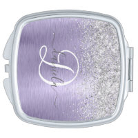 Purple Brushed Metal Silver Glitter Monogram Name Compact Mirror
