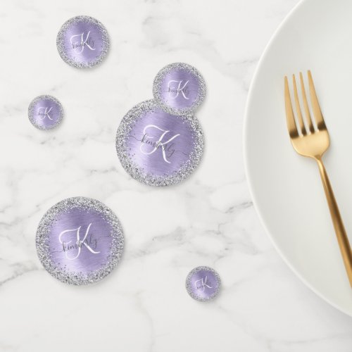 Purple Brushed Metal Silver Glitter Monogram Name Confetti
