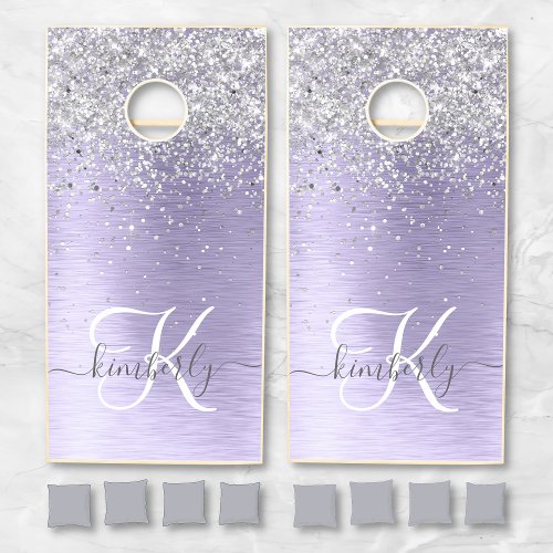 Purple Brushed Metal Silver Glitter Monogram Name Cornhole Set