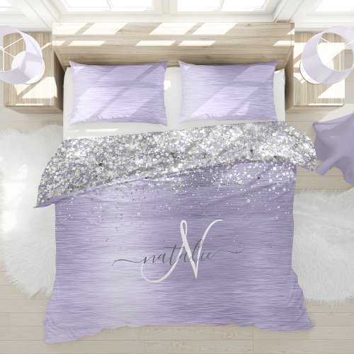 Purple Brushed Metal Silver Glitter Monogram Name Duvet Cover