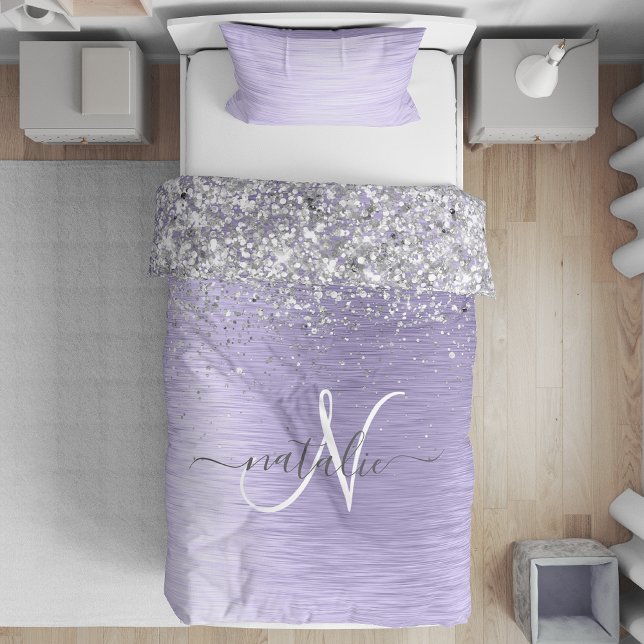 Purple Brushed Metal Silver Glitter Monogram Name Duvet Cover (Creator Uploaded)