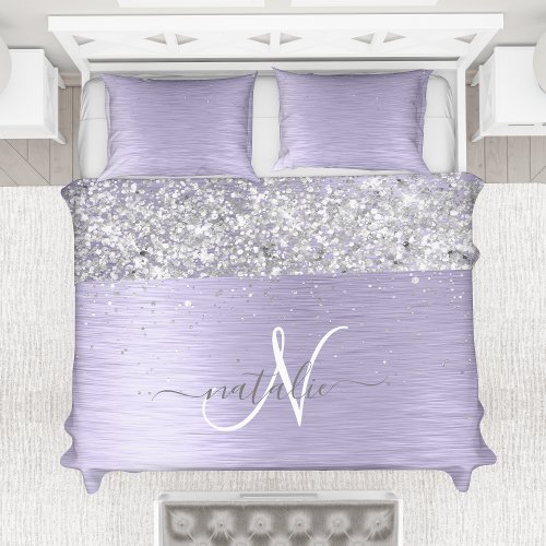 Purple Brushed Metal Silver Glitter Monogram Name Duvet Cover