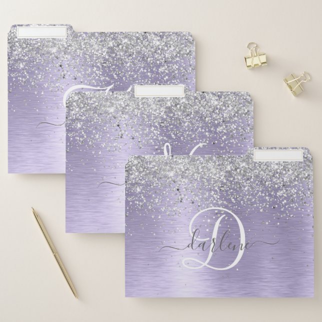 Purple Brushed Metal Silver Glitter Monogram Name File Folder (Set)