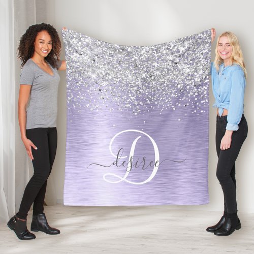 Purple Brushed Metal Silver Glitter Monogram Name Fleece Blanket