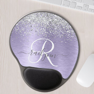 Purple Brushed Metal Silver Glitter Monogram Name Gel Mouse Pad