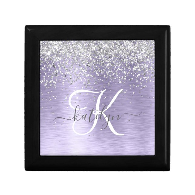 Purple Brushed Metal Silver Glitter Monogram Name Gift Box (Front)