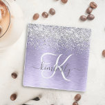 Purple Brushed Metal Silver Glitter Monogram Name Glass Coaster<br><div class="desc">Easily personalize this trendy chic glass coaster design featuring pretty silver sparkling glitter on a purple brushed metallic background.</div>
