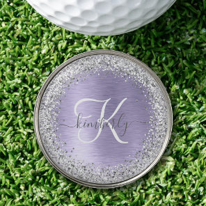 Purple Brushed Metal Silver Glitter Monogram Name Golf Ball Marker