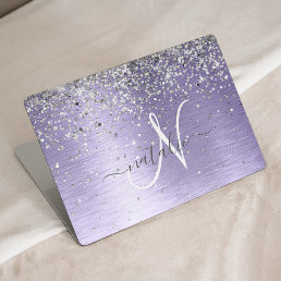  Purple Brushed Metal Silver Glitter Monogram Name HP Laptop Skin