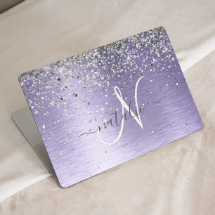 Purple Brushed Metal Silver Glitter Monogram Name HP Laptop Skin