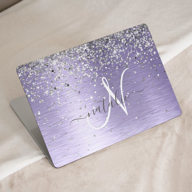  Purple Brushed Metal Silver Glitter Monogram Name HP Laptop Skin (Creator Uploaded)