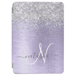 Purple Brushed Metal Silver Glitter Monogram Name iPad Air Cover