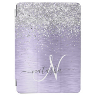 Purple Brushed Metal Silver Glitter Monogram Name iPad Air Cover