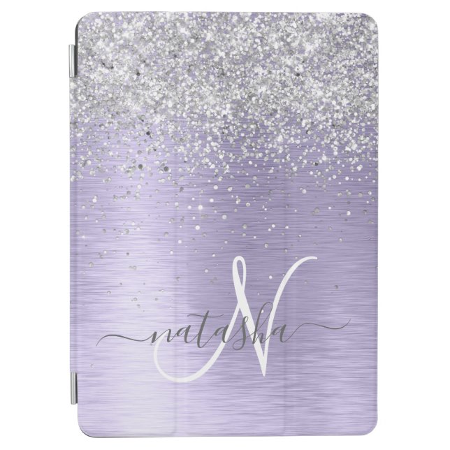 Purple Brushed Metal Silver Glitter Monogram Name iPad Air Cover (Front)